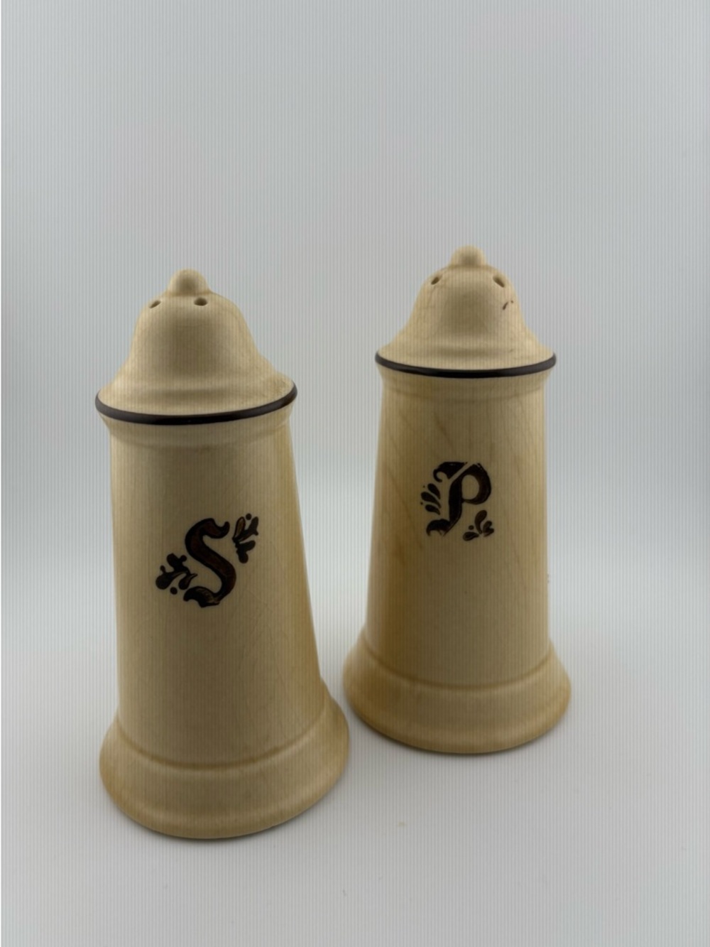 Pfaltzcraft Village Salt and Pepper Shakers with Script S and P